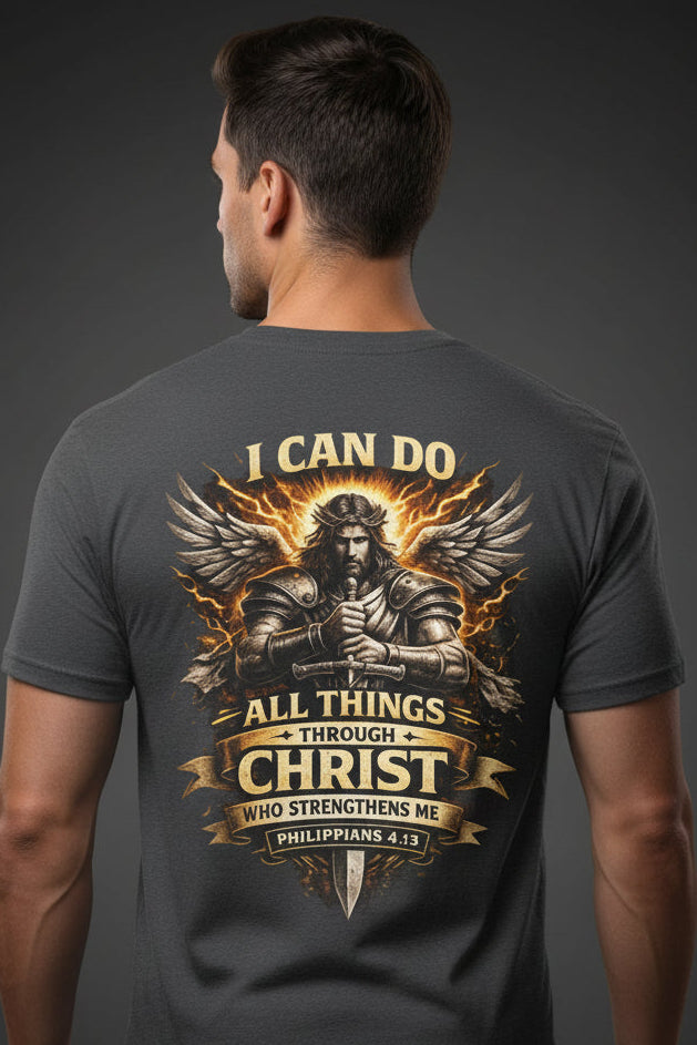 Black t-shirt with a religious design and text on a white background