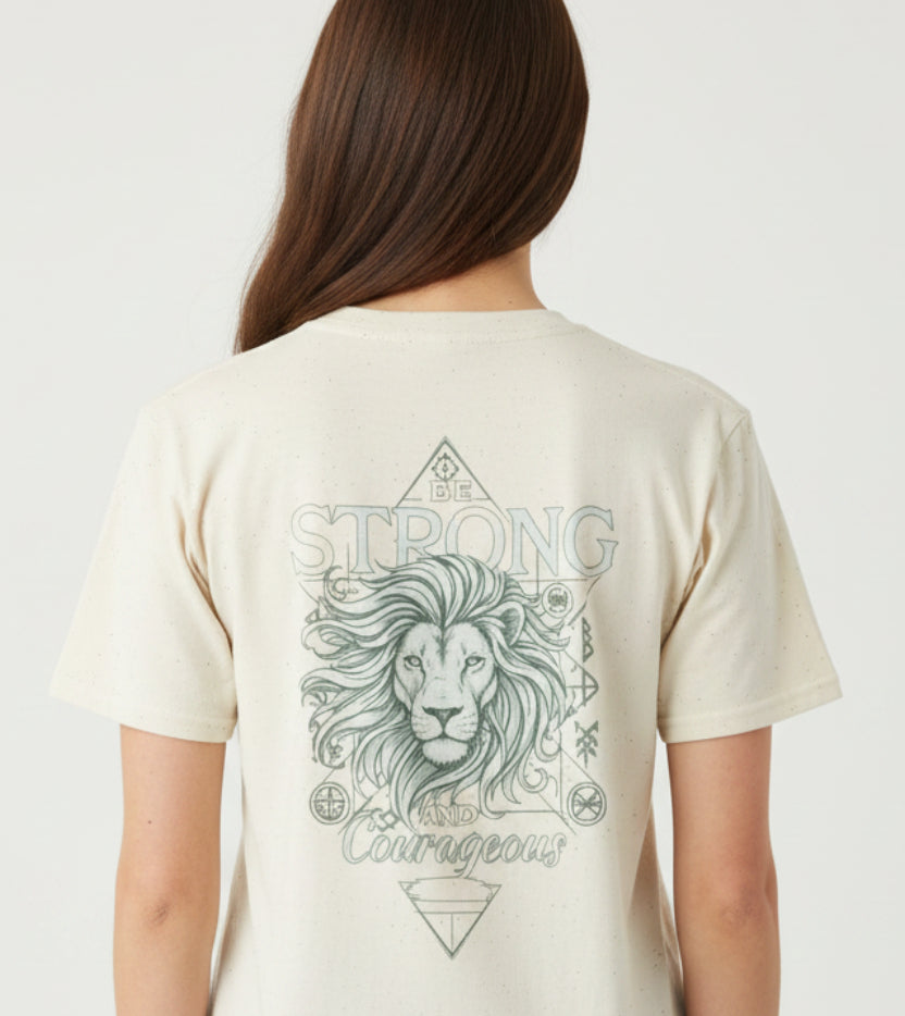 Lion Graphic T-Shirt – 'Strong & Courageous' Vintage Tribal Design