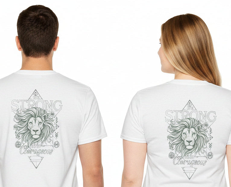Faith Lion T-Shirt – 'Strong & Courageous' Tribal Design