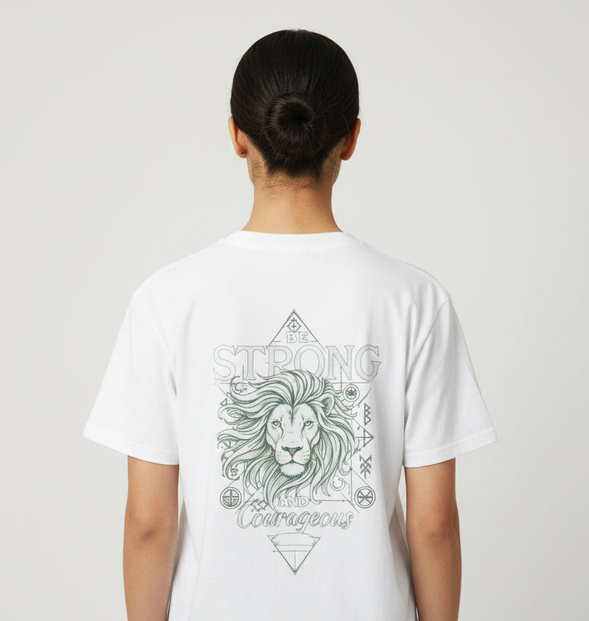 Lion Graphic T-Shirt – 'Strong & Courageous' Vintage Tribal Design