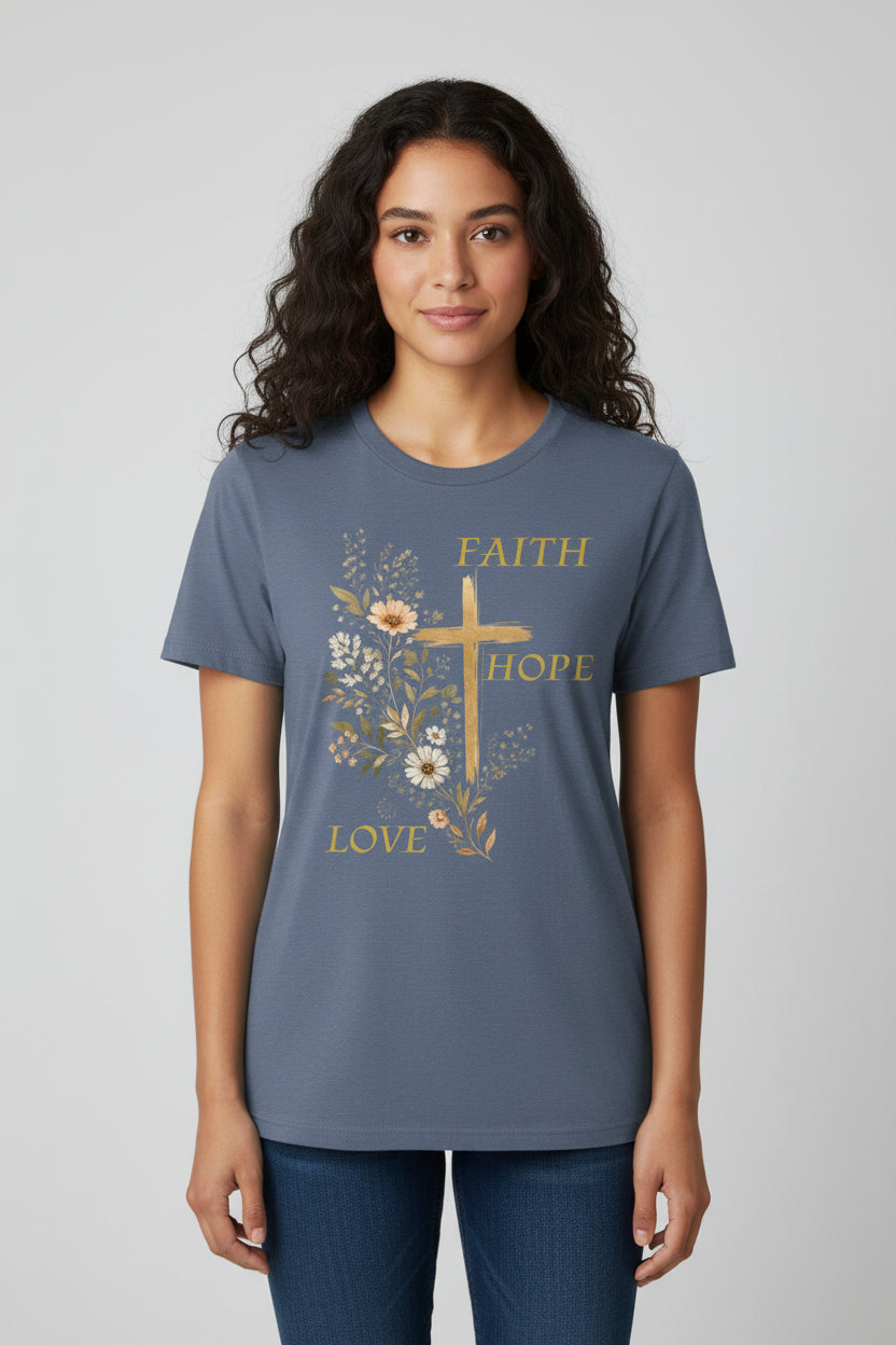 Faith Hope Love T-Shirt — Floral Cross Christian Tee